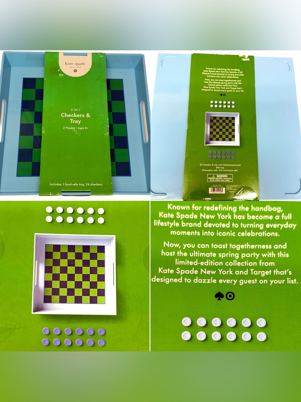 NWT NIB KATE SPADE BPA FREE FOOD SAFE CHECKERBOARD PRINT TRAY WITH 24 CHECKERS